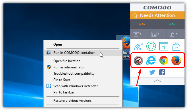 run comodo sandbox widget