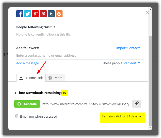 mediafire 1 time link options