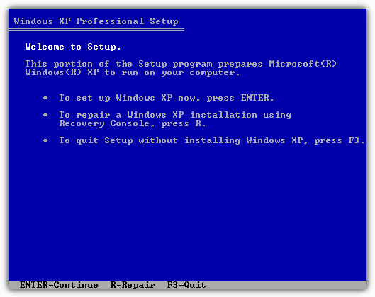 To set up Windows XP now, press Enter
