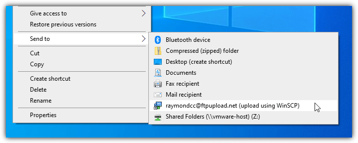 Winscp sent to menu