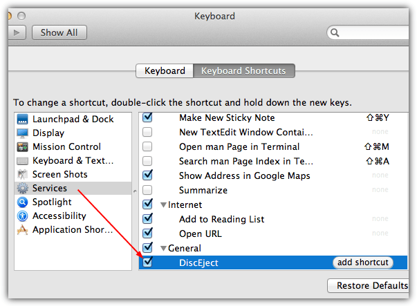 create diskeject shortcut