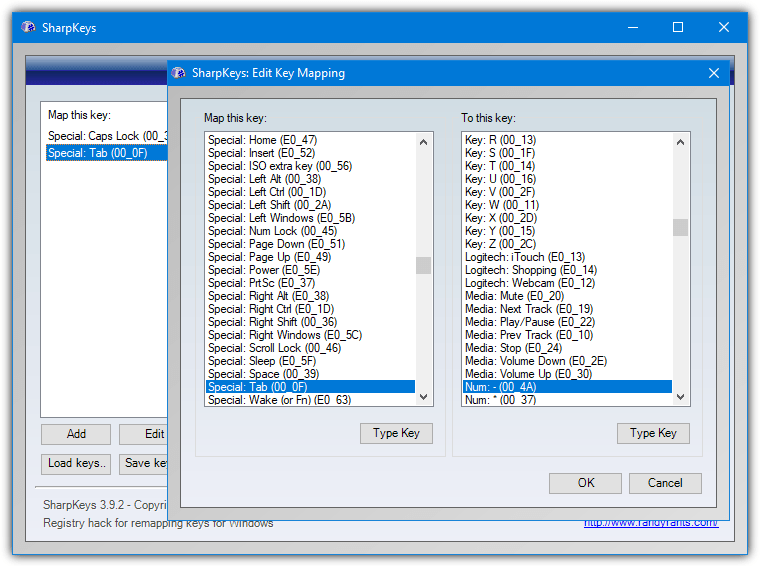 Sharpkeys keyboard remapping tool for PC