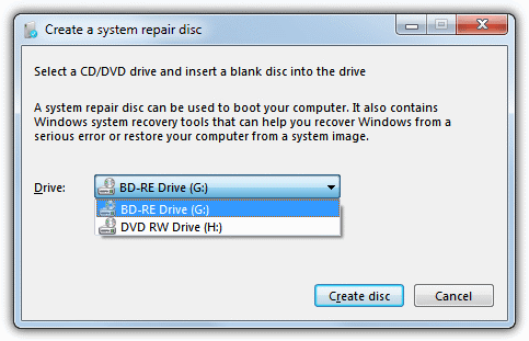 windows repair disc creator dialog
