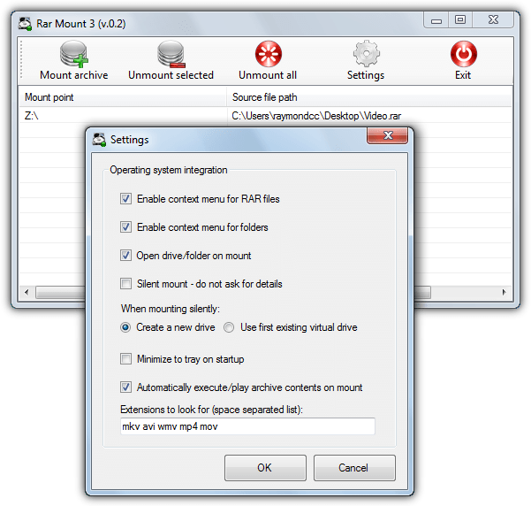 rar mount 3 options