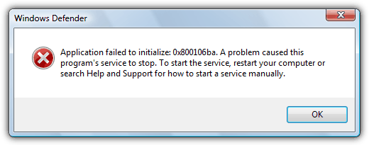 Application failed to initialized 0x800106ba