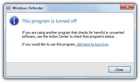 windows defender program is turned off