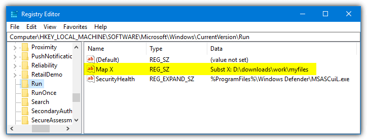 subst in registry startup