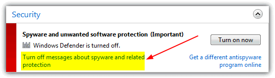 turn off messages about spyware and related protection