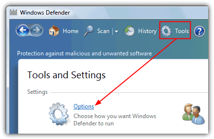 windows defender tools option