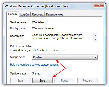 Stop Windows Defender Services