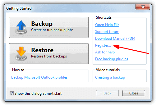 the backup4all getting started screen