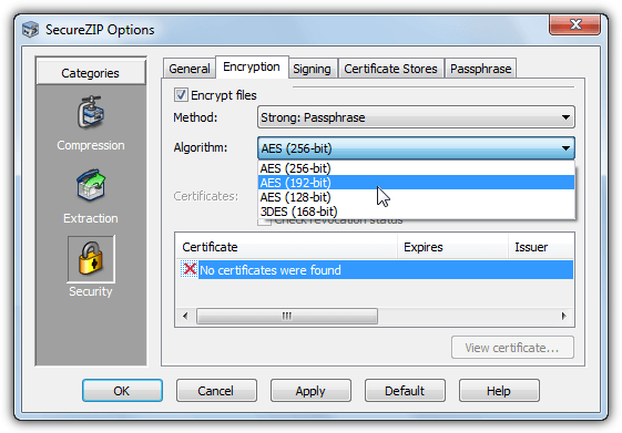 securezip encryption options