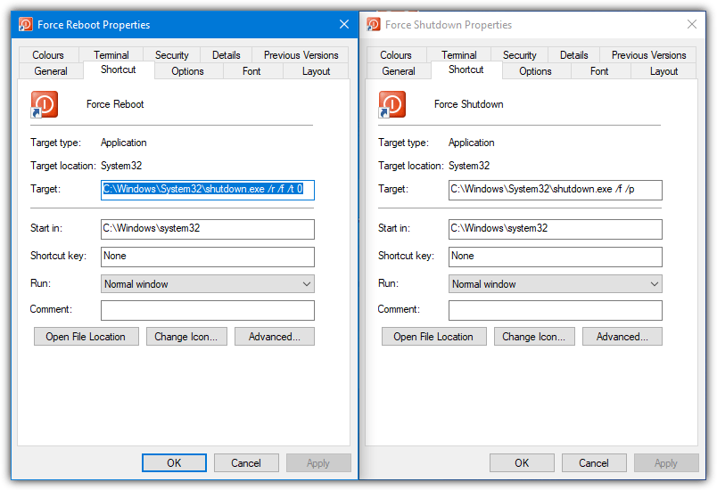 Shutdown command shortcuts