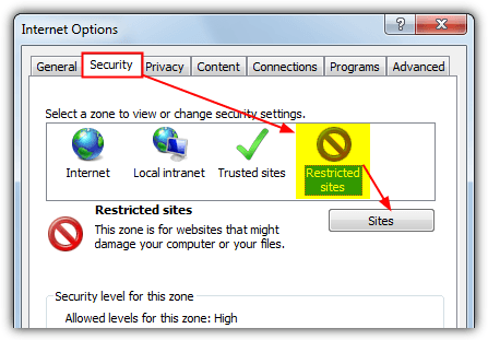 internet explorer restricted sites
