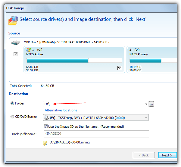 macrium reflect select source destination