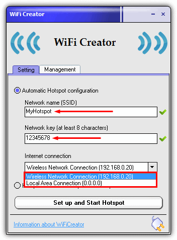 Create hotspot with wifi creator