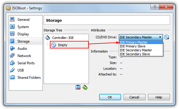 change virtualbox ide settings