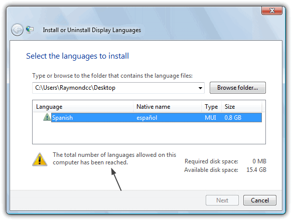 The total number of languages allowed this computer has been reached