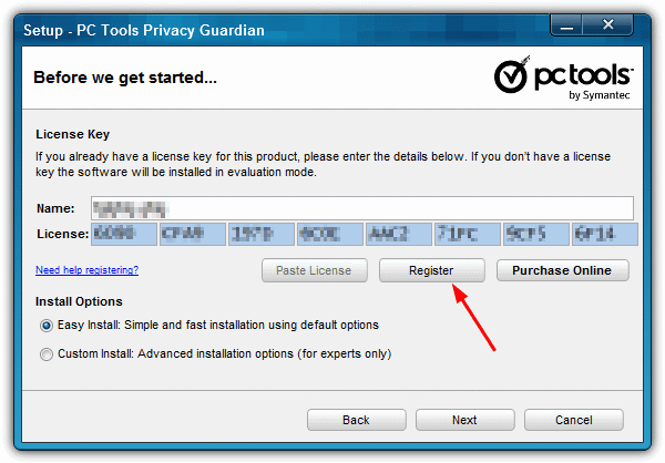 enter privacy guardian registration information