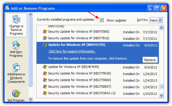add or remove programs show updates