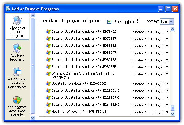 add or remove programs security update for windows xp