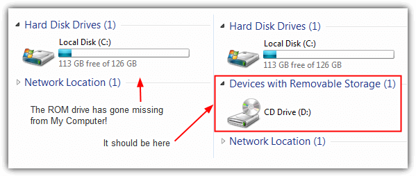 cd/dvd drive missing from my computer