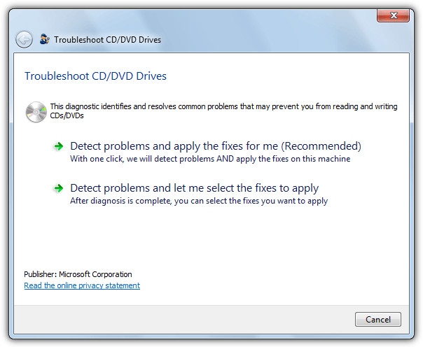 microsoft fixit to troubleshoot cd drives