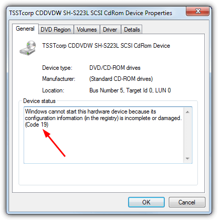 rom drive error code 19 in device manager