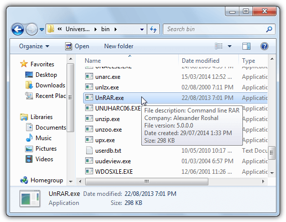 unrar in bin folder