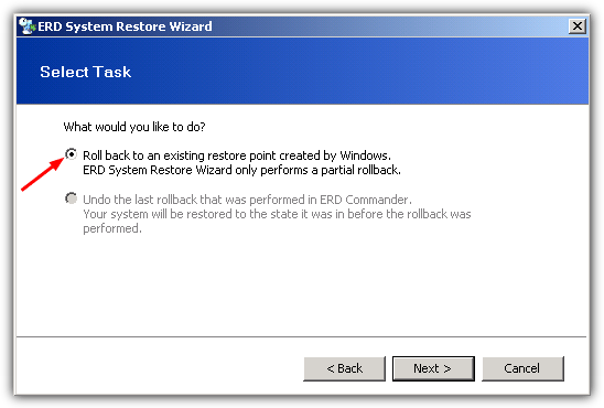 Roll back to an existing restore point created by Windows
