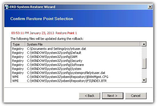 Confirm restore point selection