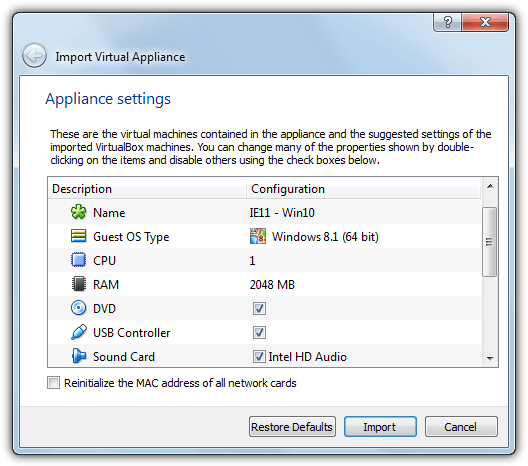 import virtual appliance