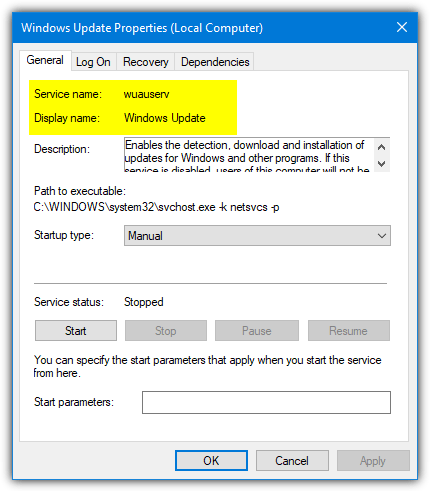 Windows update display name