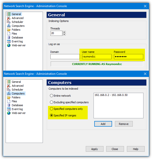 Network search engine setup