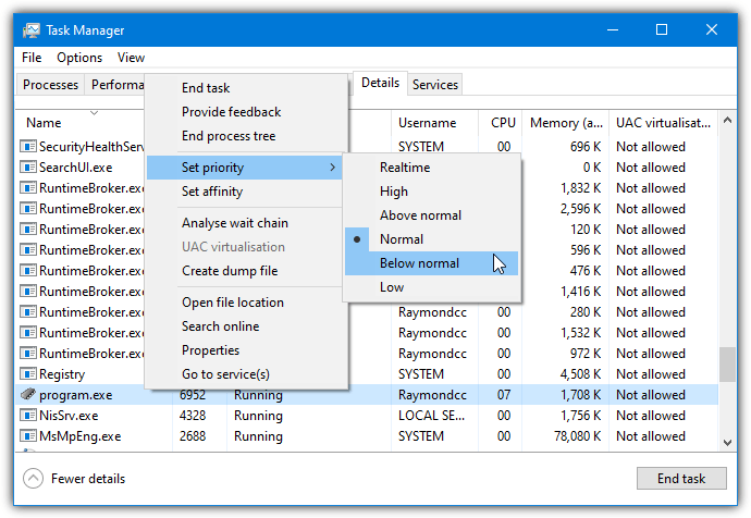 Task manager set priority