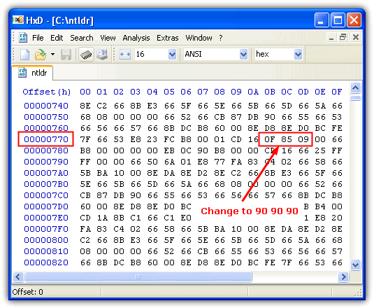 Editing NTLDR in a hex editor