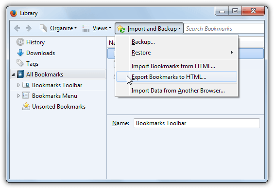 firefox export bookmarks html