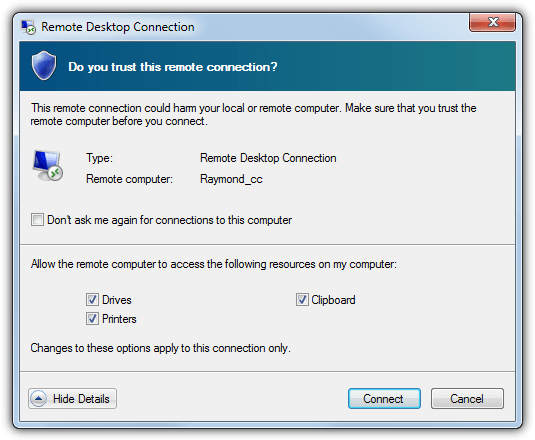remote connection trust window