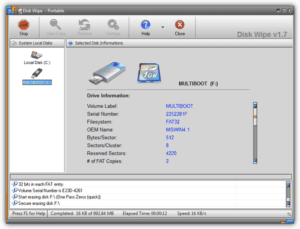 Disk Wipe utility interface