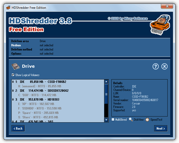 HDShredder interface for drive wiping