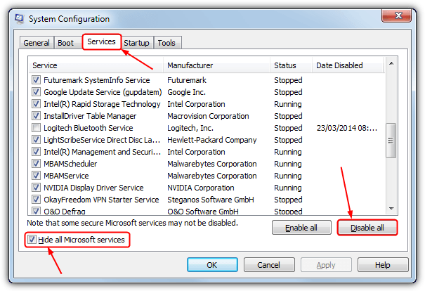 msconfig disable services