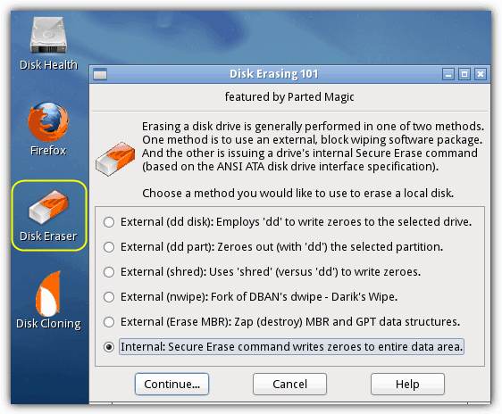 Parted Magic Disk Eraser tool in action