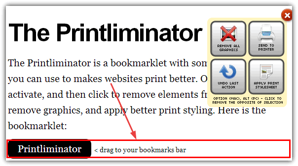 the Printliminator toolbar and box