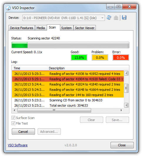 test cd and dvd readability with vso inspector