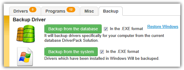 driverpack solution backup tab