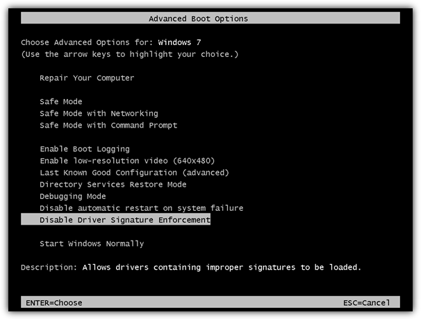 Disable Driver Signature Enforcement