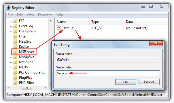 add safe mode msiserver registry key