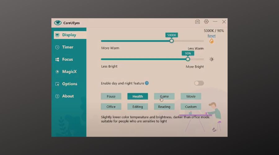 careueyes screen adjusting software user interface