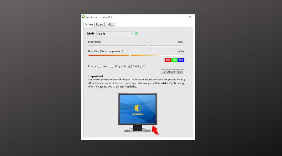 eye saver user interface