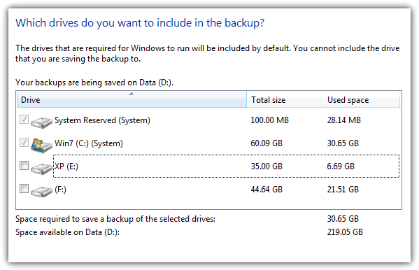 which drives do you want to include in the backup